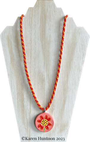 "**8-strand Kongoh Gumi Braided Necklace with Ceramic Handpainted Flower Pendant" - Red