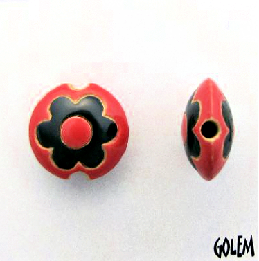 Golem Flower Lentil Bead, 17.5 mm - Black & Red