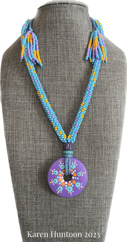 "******8-strand Beaded Kumihimo "Double Spot" Necklace with Handpainted Mandala Columbine/Turquoise"