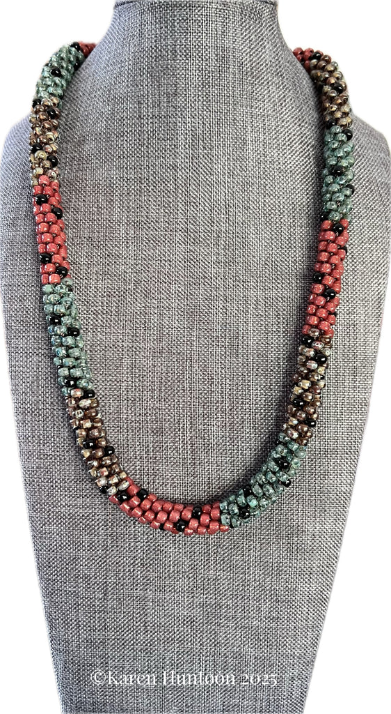 "*****6/0 Painting with Beads Color Block Single Black Spot Necklace - Picasso Seafoam, Topaz and Pomegranate