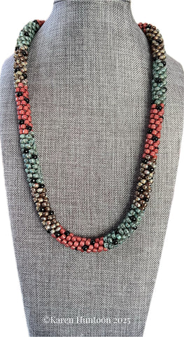"*****6/0 Painting with Beads Color Block Single Black Spot Necklace - Picasso Seafoam, Topaz and Pomegranate