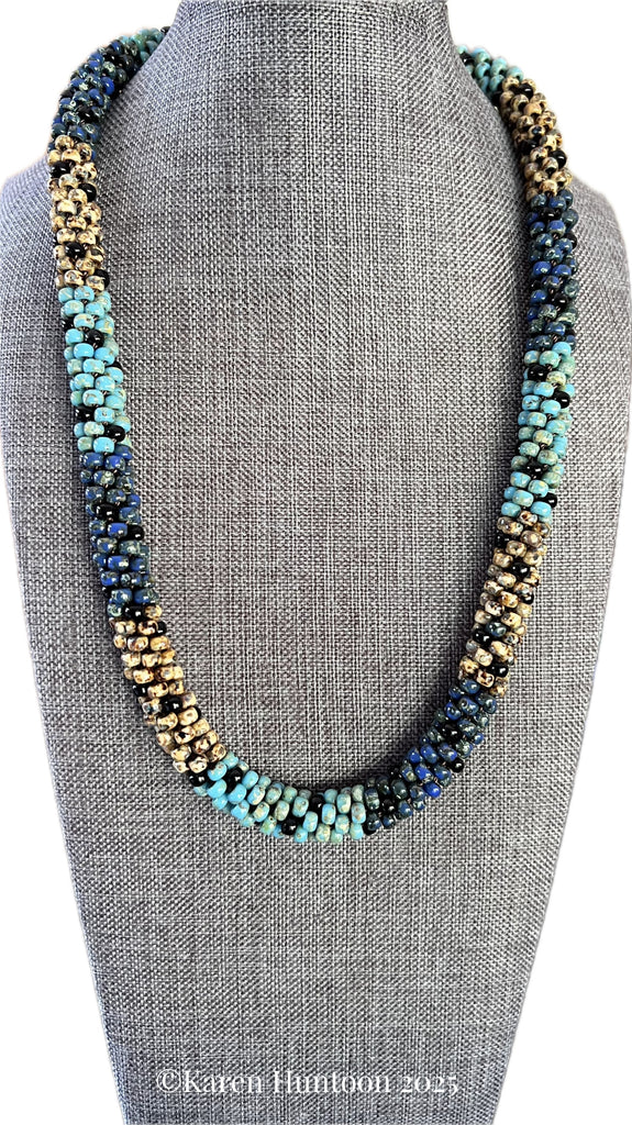 "*****6/0 Painting with Beads Color Block Single Black Spot Necklace - Picasso Turquoise, Teal, Brown"