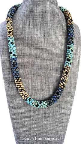 "*****6/0 Painting with Beads Color Block Single Black Spot Necklace - Picasso Turquoise, Teal, Brown"