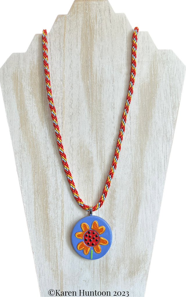 "8-strand Kongoh Gumi Braided Necklace with Ceramic Handpainted Flower Pendant" - Peri