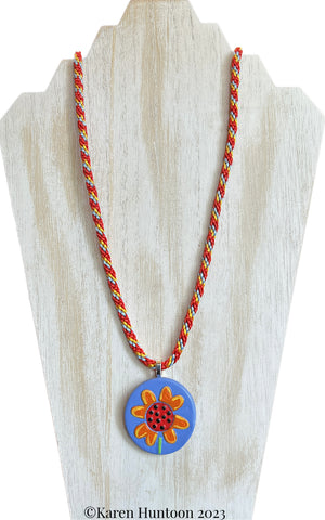 "**8-strand Kongoh Gumi Braided Necklace with Ceramic Handpainted Flower Pendant" - Peri