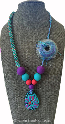 "***8-Strand Beaded Kumihimo "Spot" Necklace with Handpainted Flower Pendant & Accent Beads" - TGC