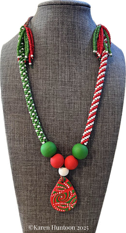 "******8-Strand Beaded Kumihimo Holiday Fun Necklace with Handpainted Pendant & Accent Beads" - Red