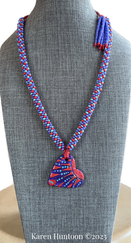 "**8-Strand Beaded Kumihimo "Spiral" Necklace with Handpainted Heart Pendant -PRT