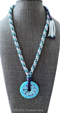 "**8-strand Beaded Kumihimo "Double Wide Spiral" Necklace with Handpainted Mandala - Snowflake"