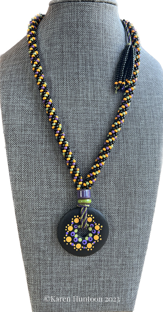 "8-strand Beaded Kumihimo "Spiral" Necklace with Handpainted Mandala - Harvest"