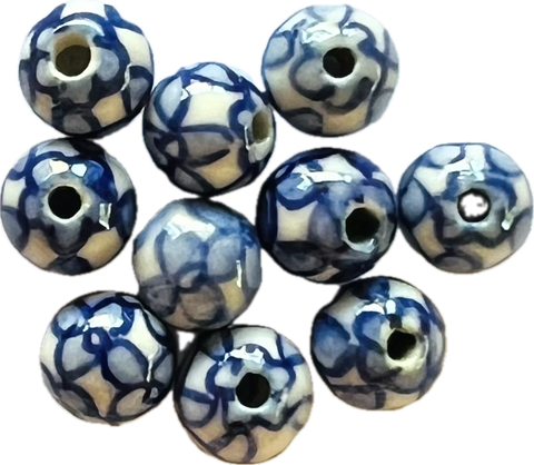 Ceramic Floral Beads - Blue & White (10 per package)