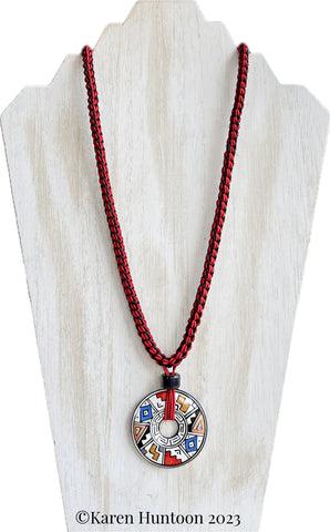 "8-strand Kusari Tsunagi Necklace with Handpainted Peruvian Pendant" - Red & White