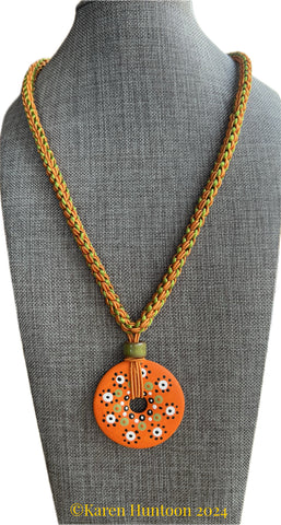 "**8-strand Kusari Tsunagi Soutache Necklace with Handpainted Orange Donut Pendant"