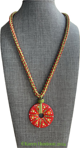 "***8-strand Kusari Tsunagi Soutache Necklace with Handpainted Watermelon Donut Pendant- NEW"