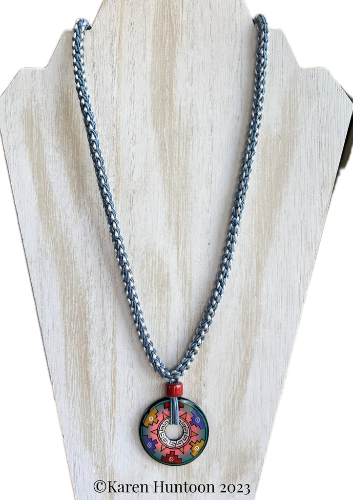 "8-strand Kusari Tsunagi Necklace with Handpainted Peruvian Pendant" - Teal & Mauve