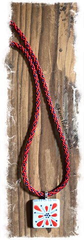 "*****8-strand Kongoh Gumi Braided Necklace with Handpainted San Miguel de Allende Tile Pendant" - Red Flower with Navy Spot