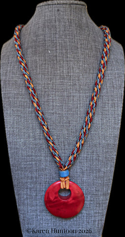 "****** Kongoh Gumi Italian Soutache Necklace with a Gemstone Donut Pendant - Redstone