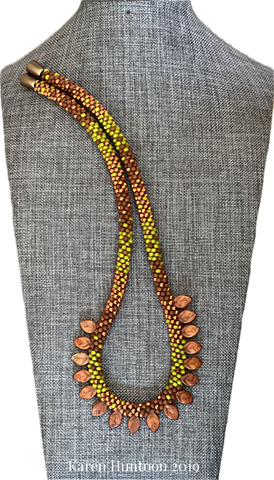 "*****8/0 Beaded Kumihimo FUSION-3 Leaf Fringe Necklace with Magnetic Clasp - Harvest