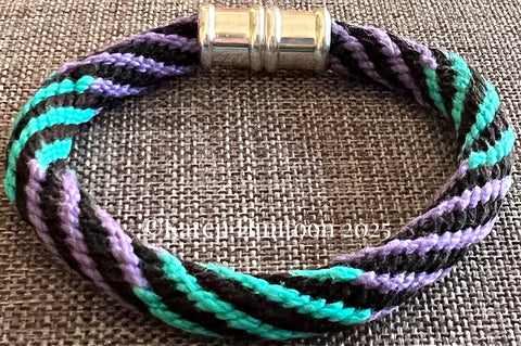 "16 strand Kongoh Gumi Bracelet with Continuous Spiral Pattern and Changing Colors" - Black/Purple/Turquoise