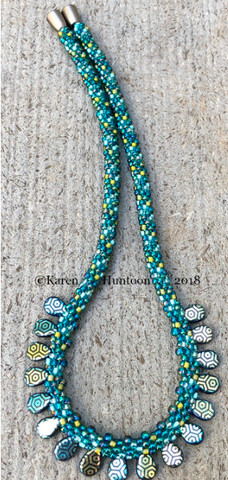 "*****8/0 Beaded Kumihimo Geo Teardrop Fringe Necklace" -  Rainbow Teal