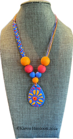 "***8-Strand Beaded Kumihimo "Spot" Necklace with Handpainted Flower Pendant & Accent Beads" - PKR