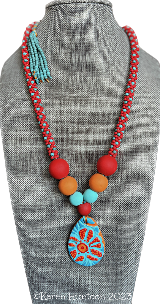 "8-Strand Beaded Kumihimo "Spot" Necklace with Handpainted Flower Pendant & Accent Beads" - RTK