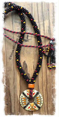 "Beaded Kumihimo "Spot" Necklace with Painted Peruvian Pendant (Camel & Red)