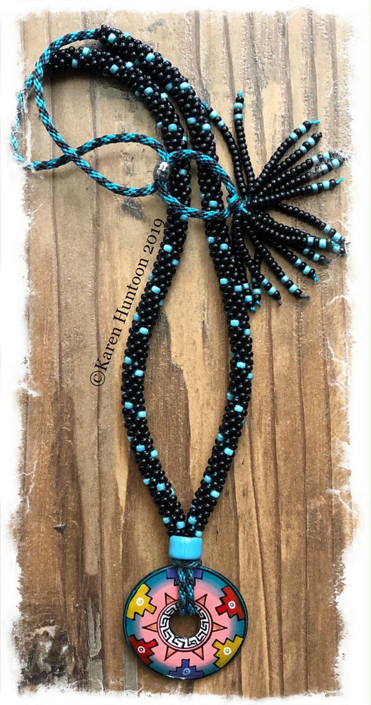 "Beaded Kumihimo"Spot" Necklace with Painted Peruvian Pendant (Teal & Mauve)