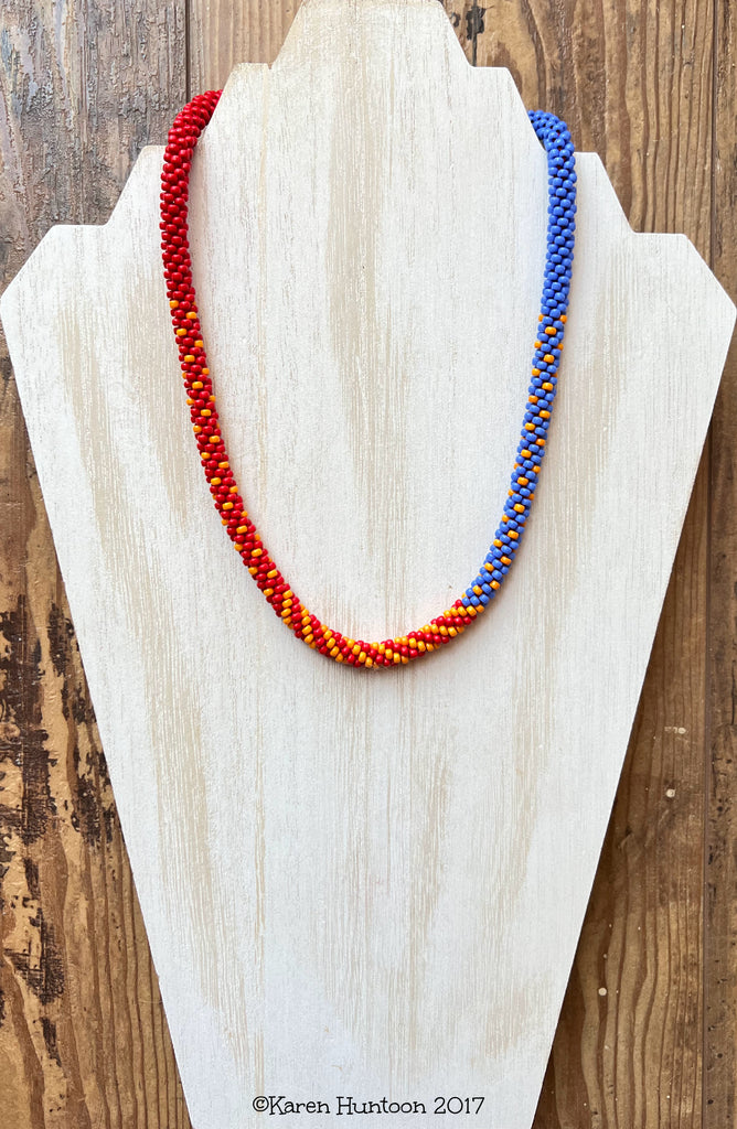 3-Color Blended Beaded Kumihimo Necklace - Red/Periwinkle/Kumquat