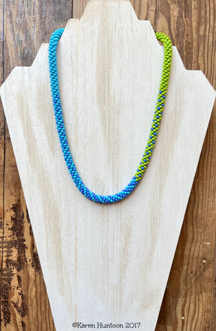 3-Color Blended Beaded Kumihimo Necklace - Turquoise/Periwinkle/Chartreuse