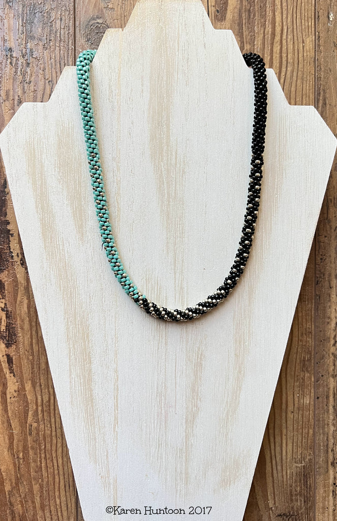 3-Color Blended Beaded Kumihimo Necklace - Turquoise/Black/Silver