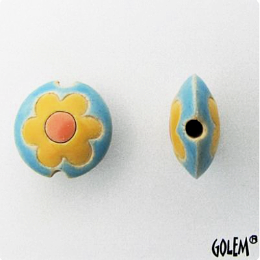 Golem Flower Lentil Bead, 17.5 mm - Aqua & Yellow