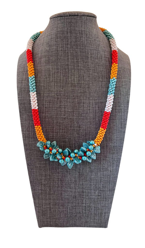 Handmade Beaded Colorblock Bauble & Leaf Necklace Kit with Acrylic Magnetic Clasp- Luster Turquoise