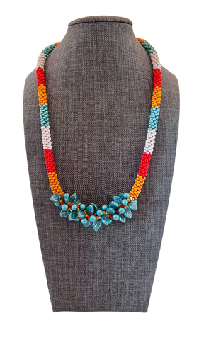 Handmade Beaded Colorblock Bauble & Leaf Necklace Kit with Acrylic Magnetic Clasp- Luster Turquoise