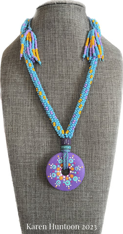 "**8-strand Beaded Kumihimo "Double Spot" Necklace with Handpainted Mandala Columbine/Turquoise"