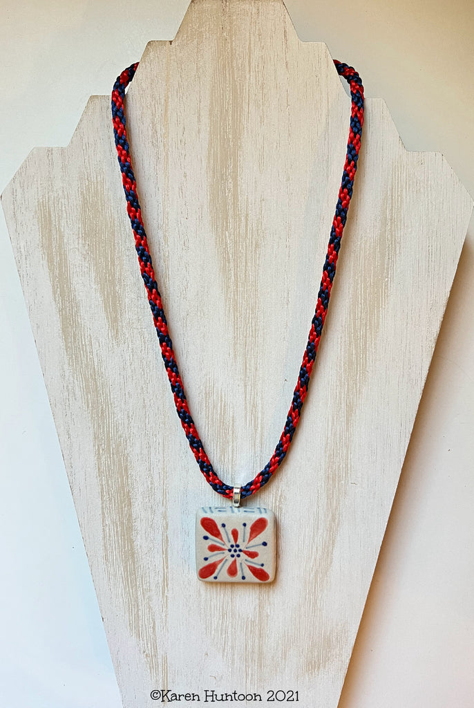 "Kongoh Gumi Braided Necklace with Handpainted San Miguel de Allende Tile Pendant" - Double Wide Zig Zag / Red Flower & Navy DottedCenter
