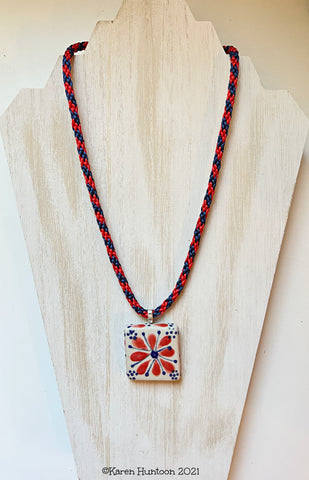 "8-strand Kongoh Gumi Braided Necklace with Handpainted San Miguel de Allende Tile Pendant" - Double Wide Zig Zag / Red Flower & Navy Center