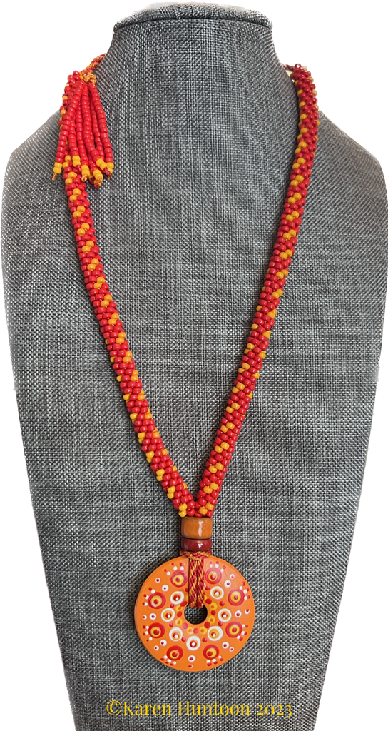 "8-strand Beaded Kumihimo "Double Spot" Necklace with Handpainted Mandala Sunshine"