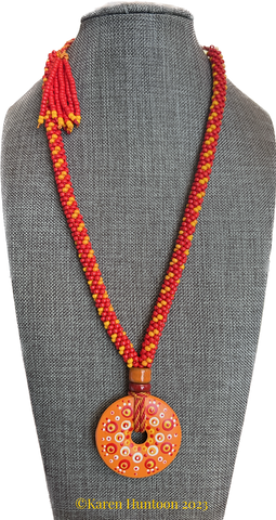 "8-strand Beaded Kumihimo "Double Spot" Necklace with Handpainted Mandala Sunshine"