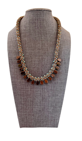 Handmade Beaded Picasso with Bronze Teardrop Fringe Kumihimo Necklace with Magnetic Closure