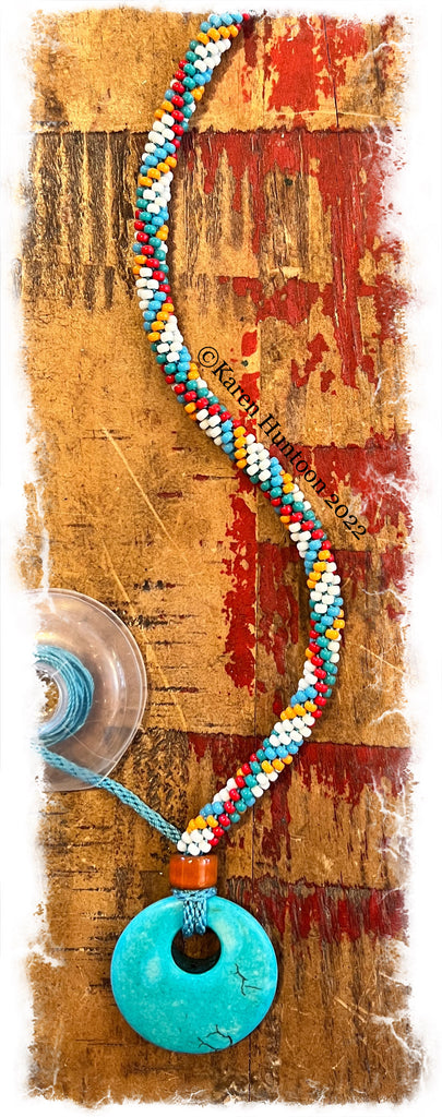 "8/0 Beaded Kumihimo Necklace Kit with Reversing Spirals and Turquoise Pendant & Adjustable Closure" - Turquoise & Red