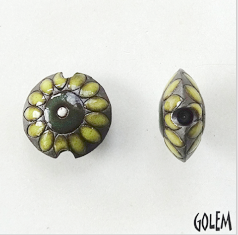 Golem Flower Lentil Bead, 17.5mm - Yellow on Green
