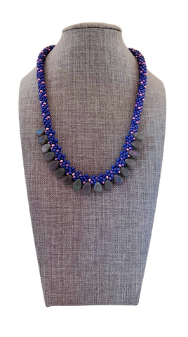 Handmade Beaded Etched Teardrop Fringe Necklace - Matte Cobalt Luster