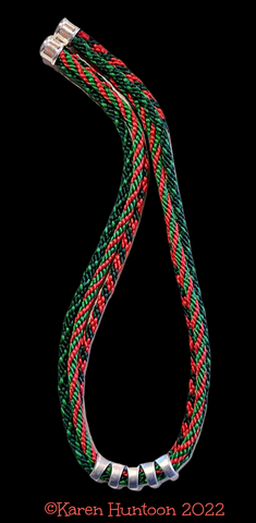 "8-strand Kongoh Gumi Three Braid Necklace with Curved Focal" - Red, Emerald, Dk Green