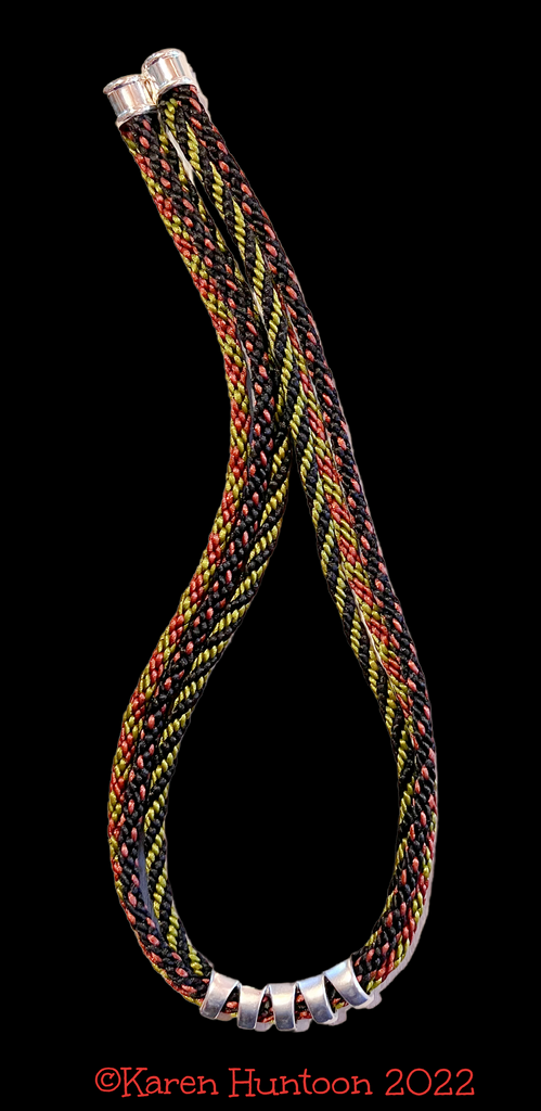 "8-strand Kongoh Gumi Three Braid Necklace with Curved Focal" - Black, Olivine & Rust